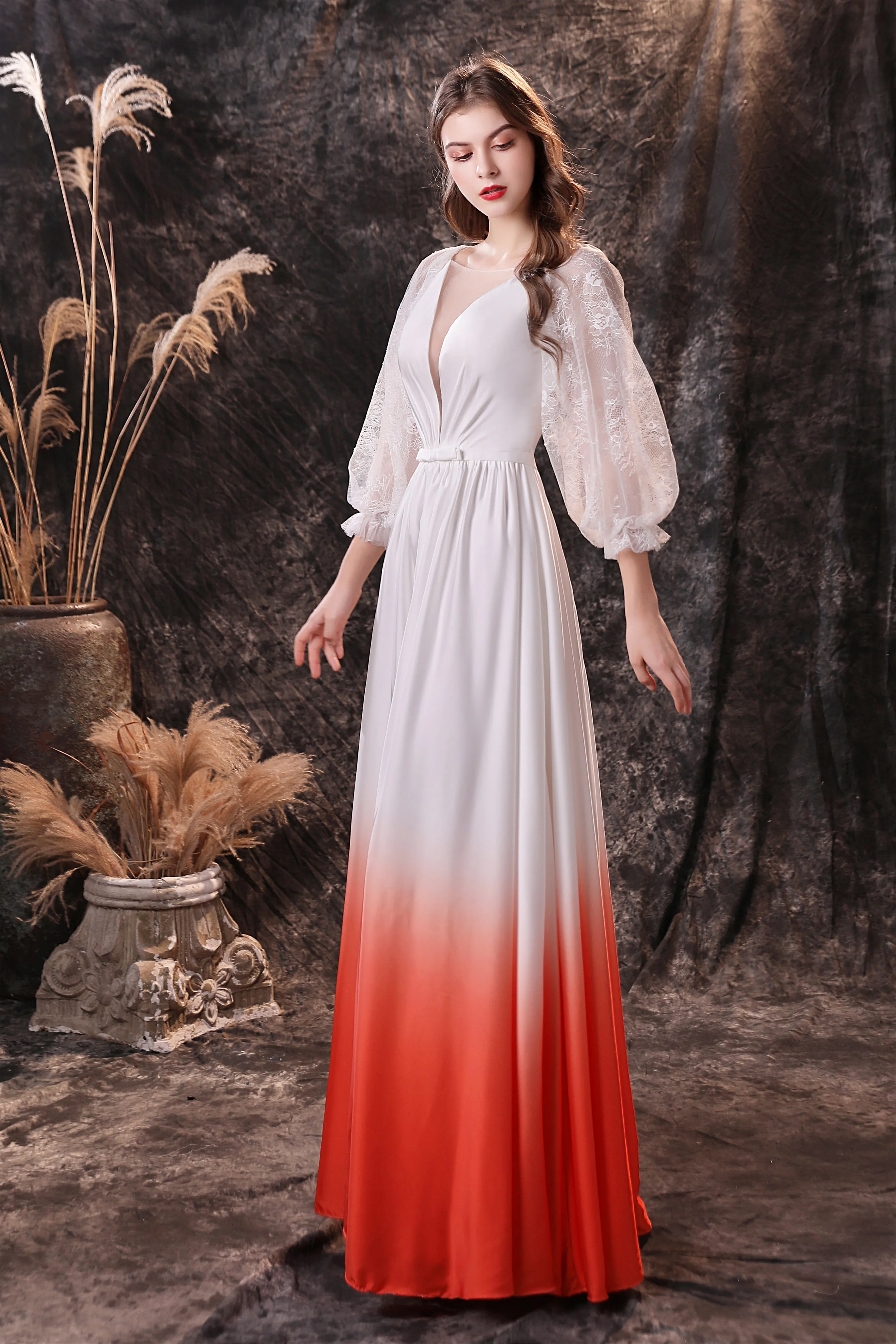 A Line Deep V-Neck Long Sleeve Ombre Silk Like Floor Length Prom Dresses