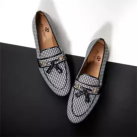 Black And White Wool Houndstooth Slippers With Leather Tassels Moccasins