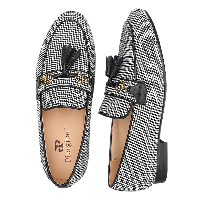 Black And White Wool Houndstooth Slippers With Leather Tassels Moccasins