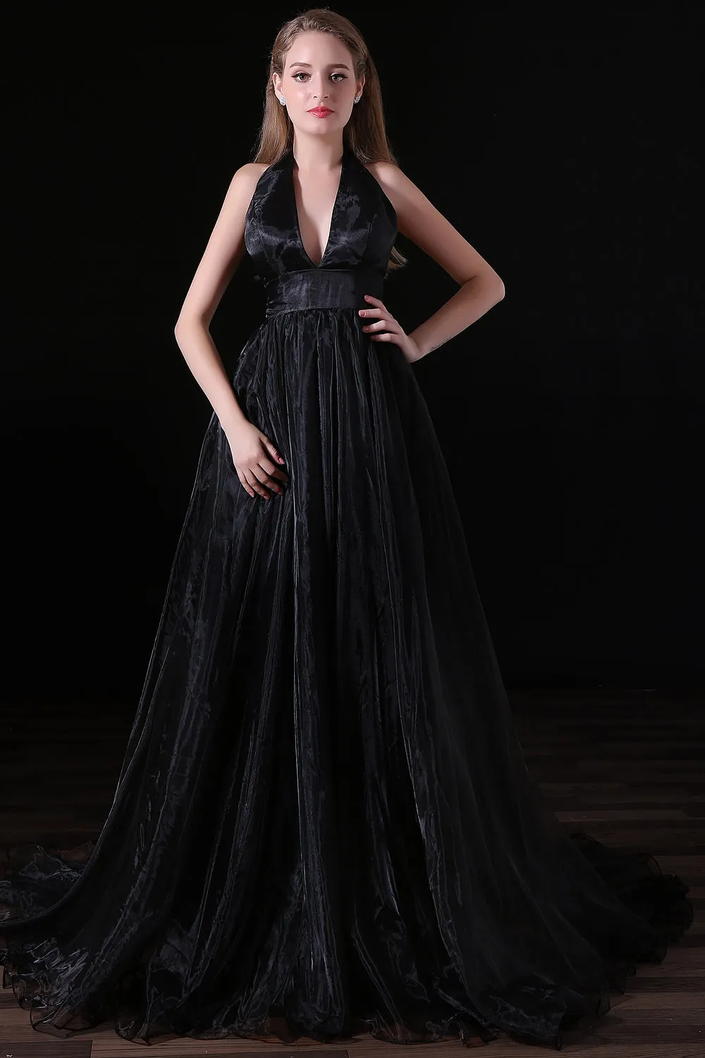 Black Halter Deep V neck Backless Tulle Floro Length Prom Dresses