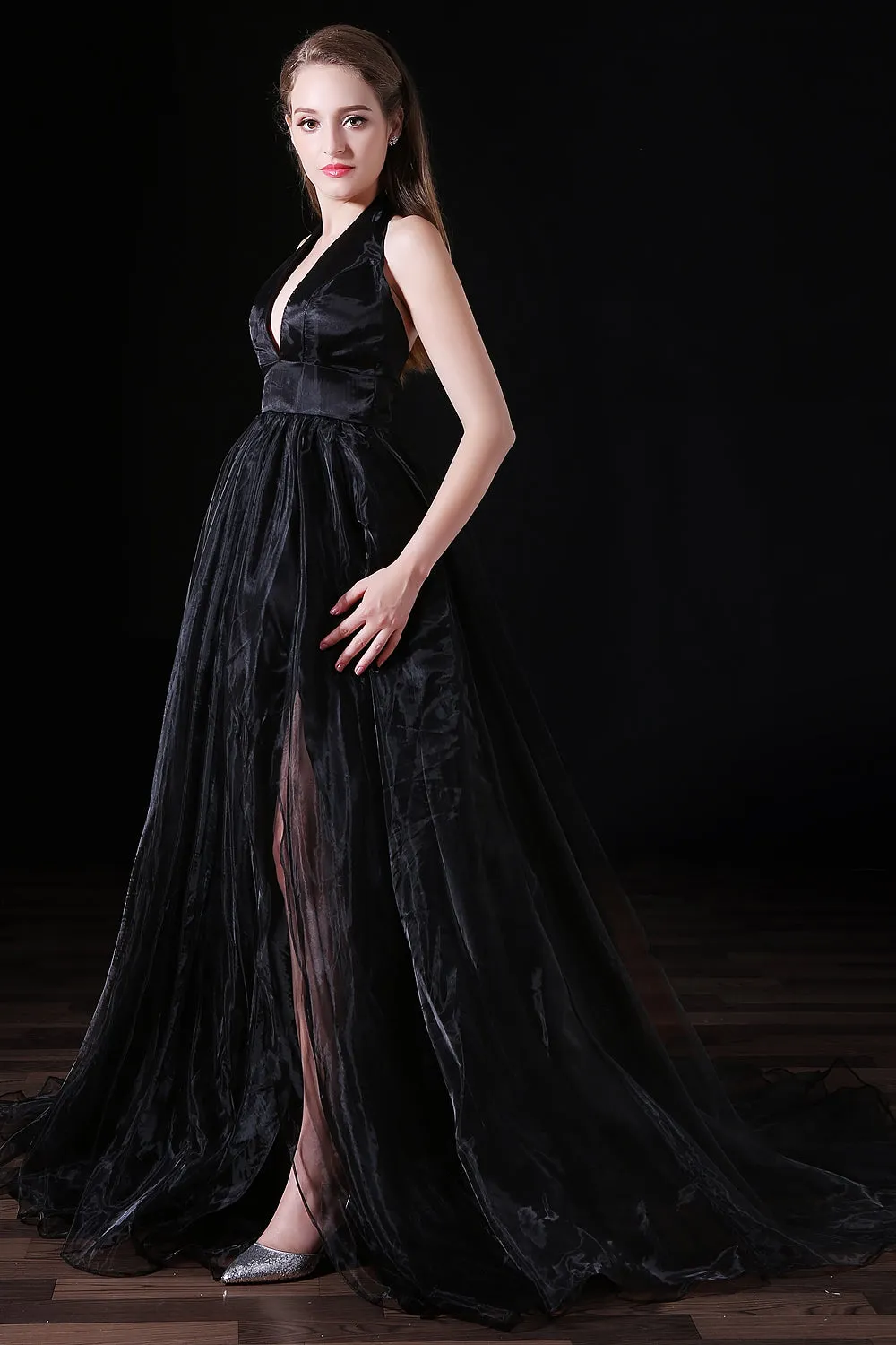 Black Halter Deep V neck Backless Tulle Floro Length Prom Dresses