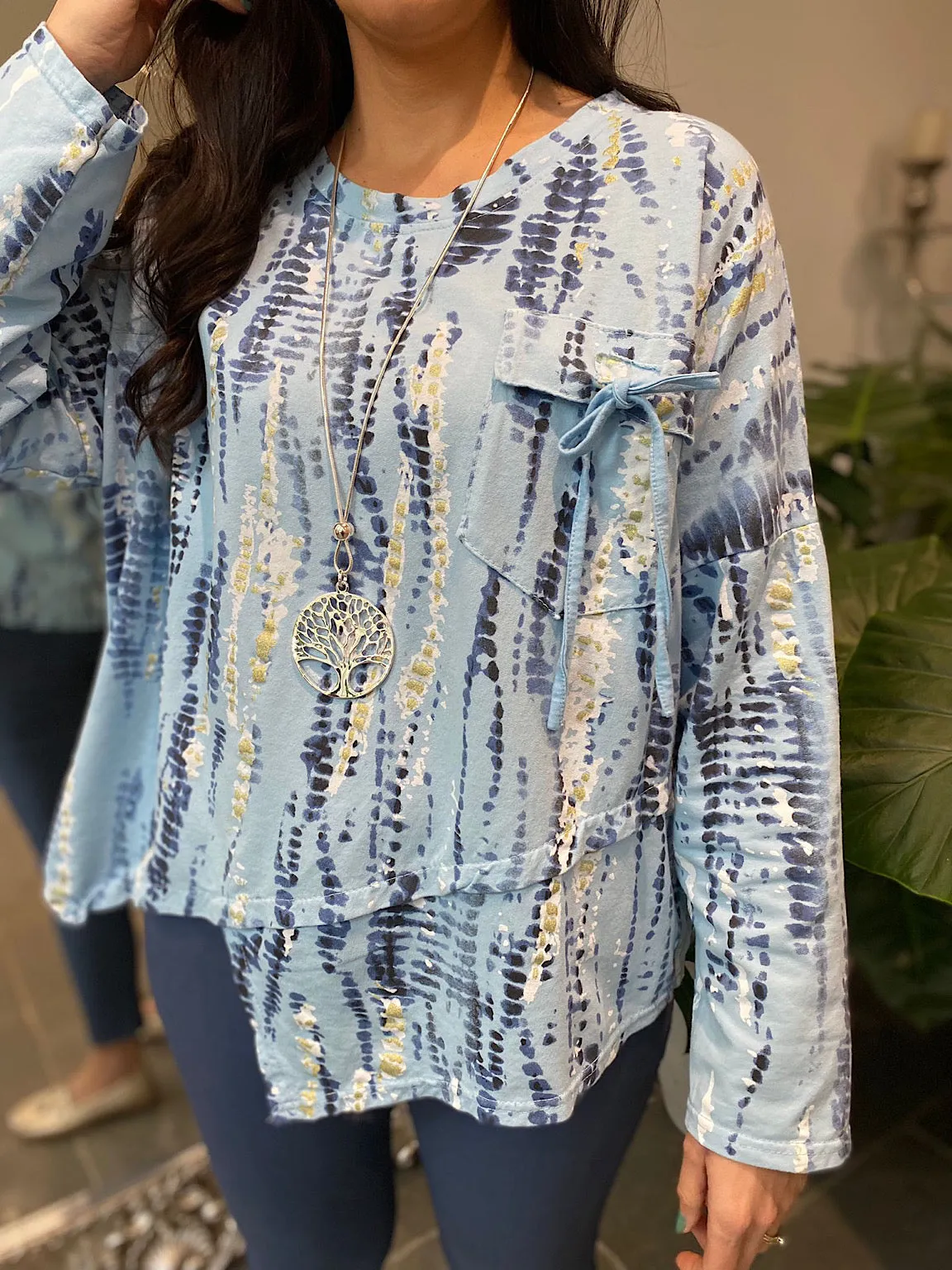 Blue Diagonal Detailed Printed Top Tori