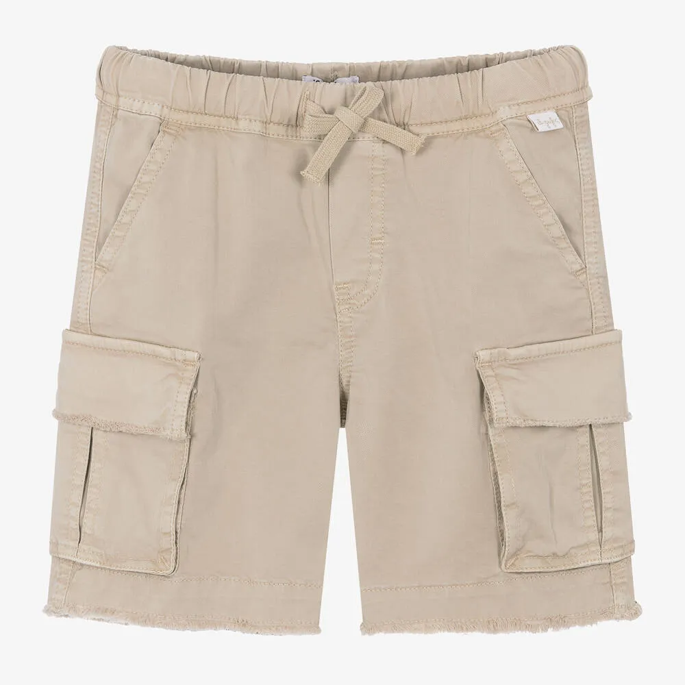 Boys Beige Cotton Twill Cargo Shorts 