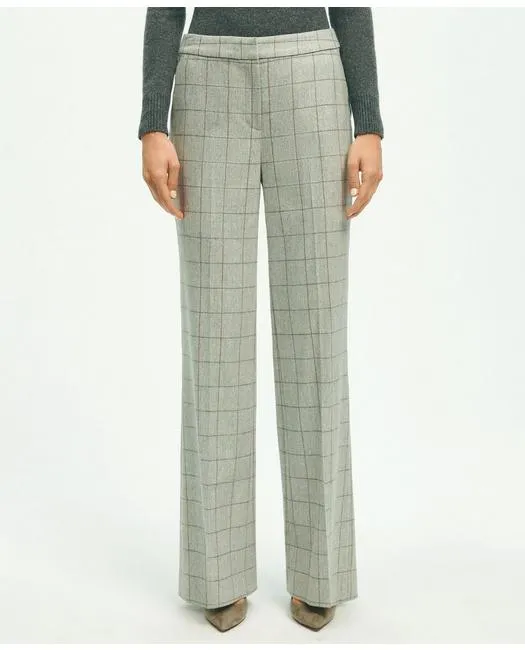 Brooks Brothers Women's Merino Wool Cashmere Blend Flannel Windowpane Trousers Grey