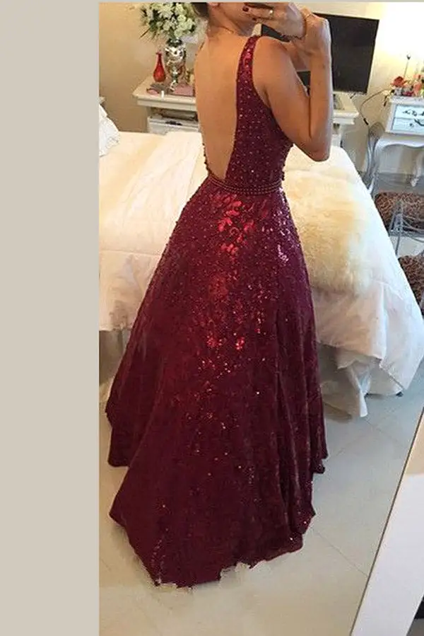 Burgundy A Line Floor Length Deep V Neck Sparkle Prom Dresses