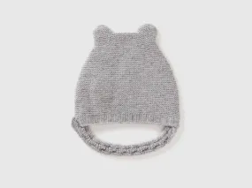 Cap with ear applique in recycled wool blend - Light Gray | Benetton