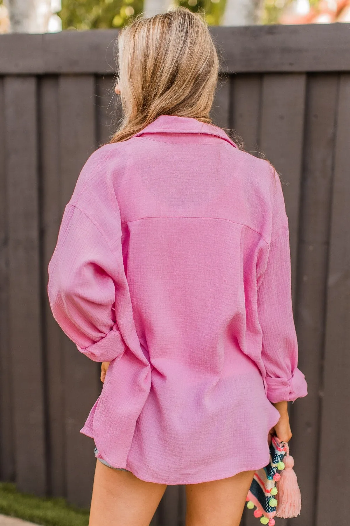 Caught In A Moment Button Top- Bubblegum Pink