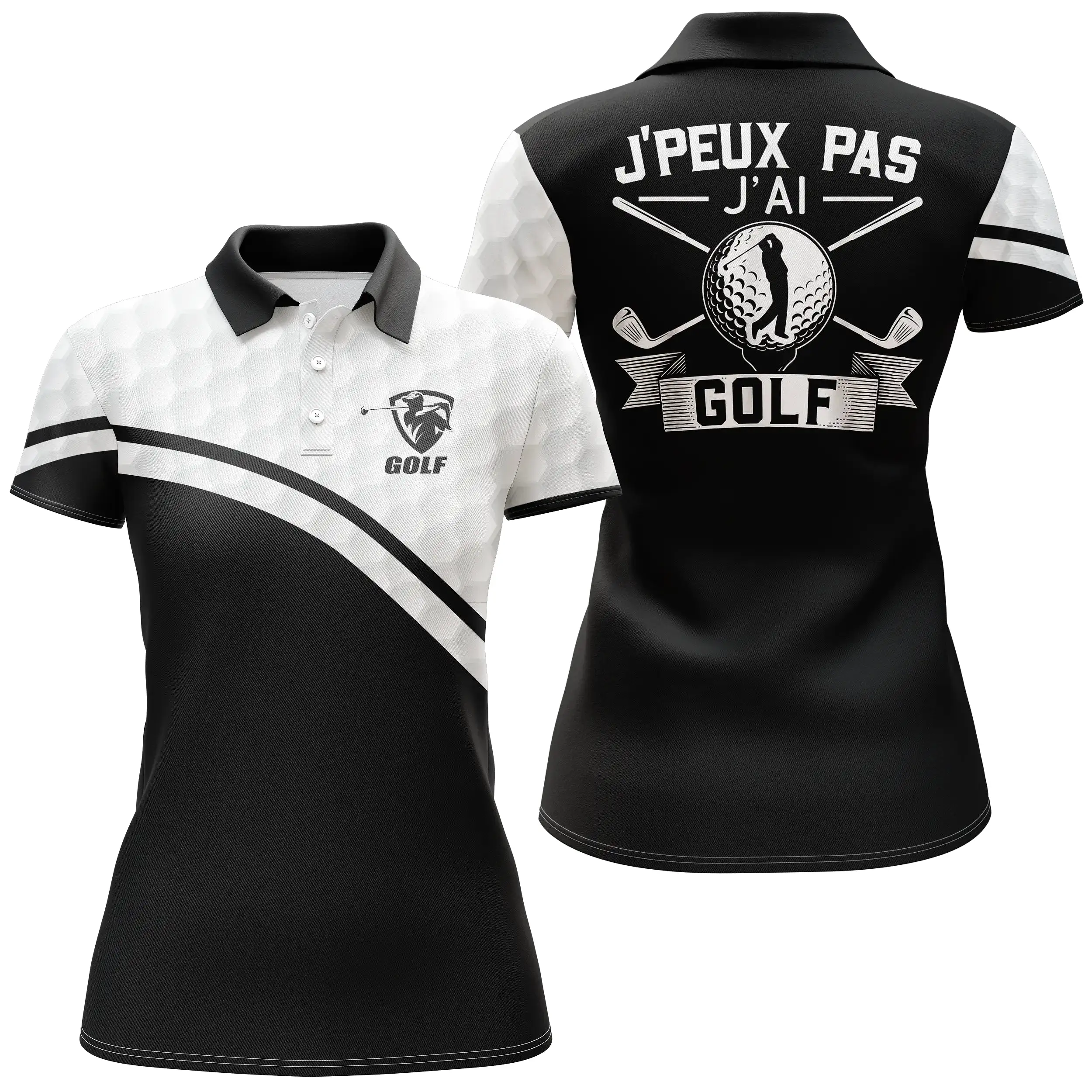 Chiptshirts Polo de Golf, Polo de Sport Manches Longues Homme Femme, Noir et Blanc, Motif Balle de Golf, Golfeur, Golfeuse, J'pe