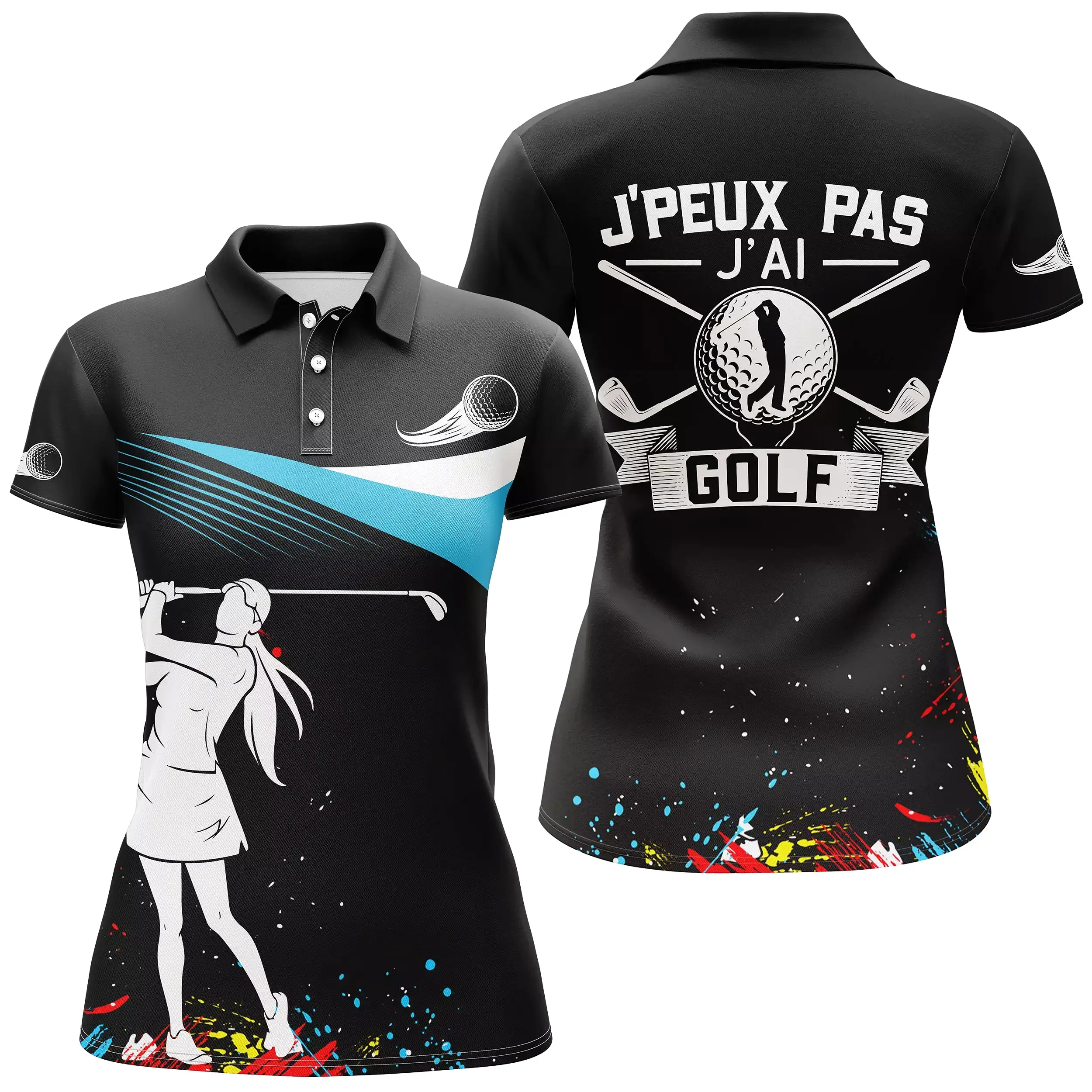 Chiptshirts Polo de Golf, Polo de Sport Manches Longues Homme Femme, Noir et Bleu Ciel, Motif Balle de Golf, Golfeur, Golfeuse, 