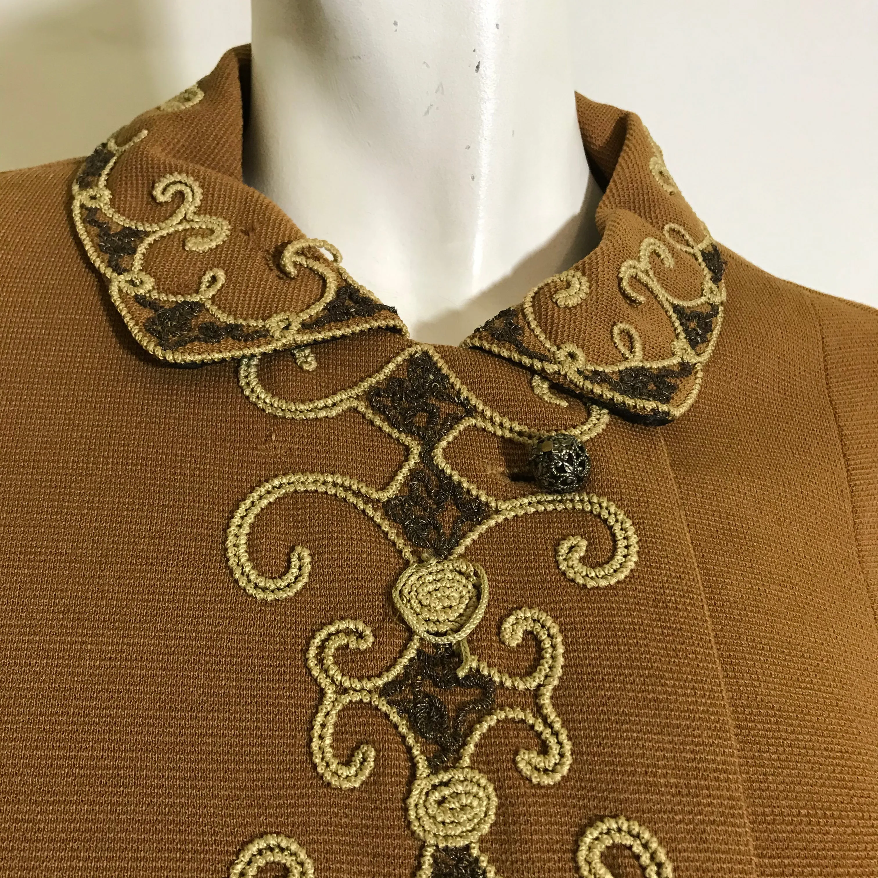 Cinnamon Knit Wool Knit Shift Dress with Soutache and Beads circa 1960s