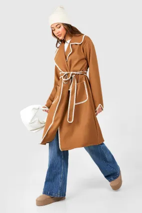 Contrast Blanket Stitch Detail Belted Wool Look Coat