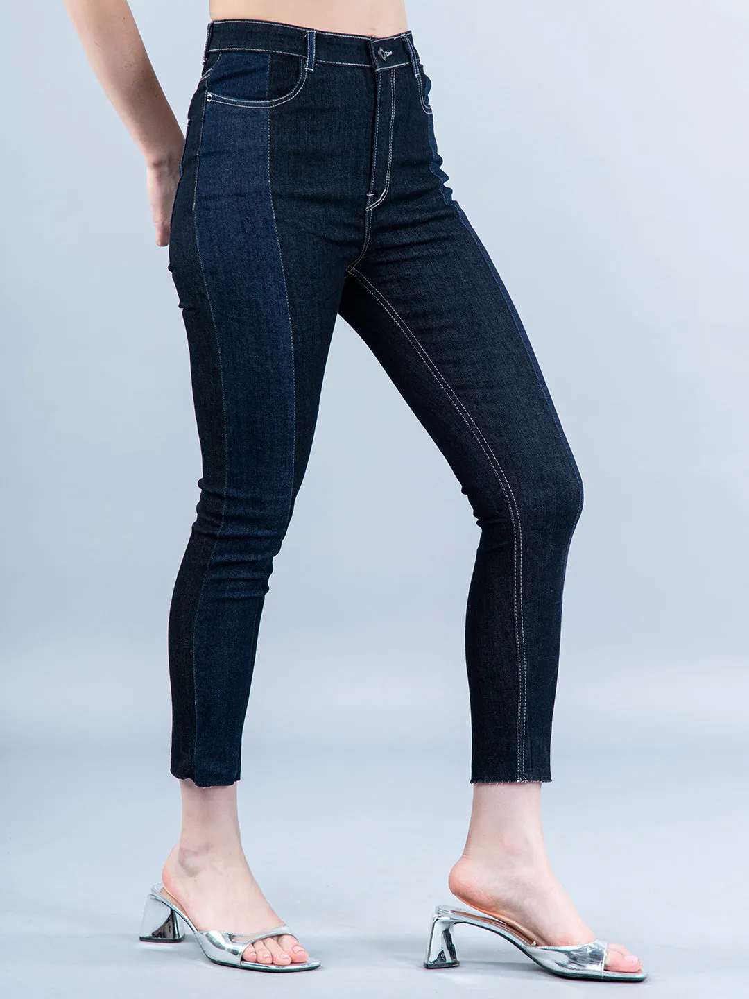 Contrast Colorblock Skinny Fit Jeans For Women