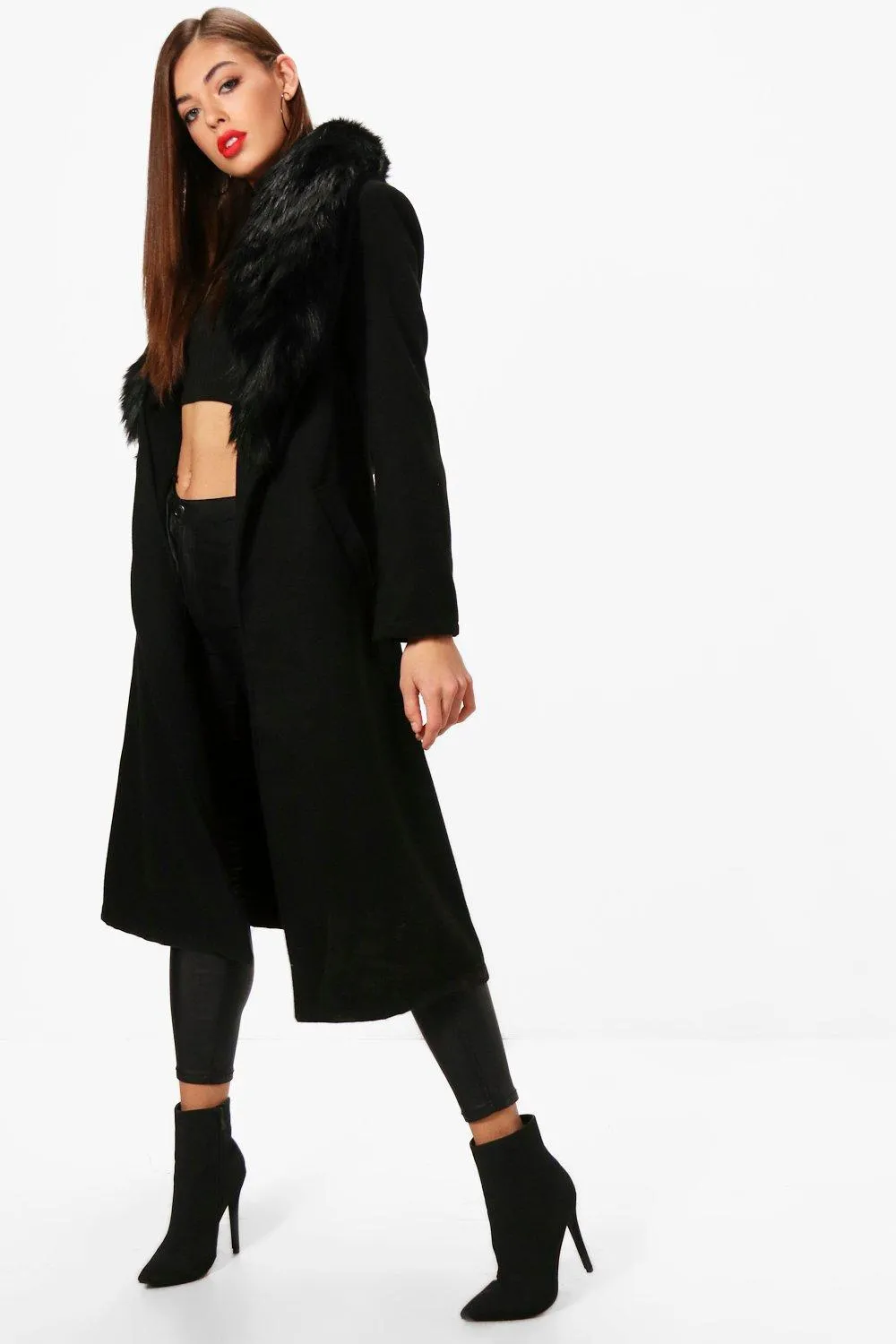 Detachable Faux Fur Collar Wool Look Coat