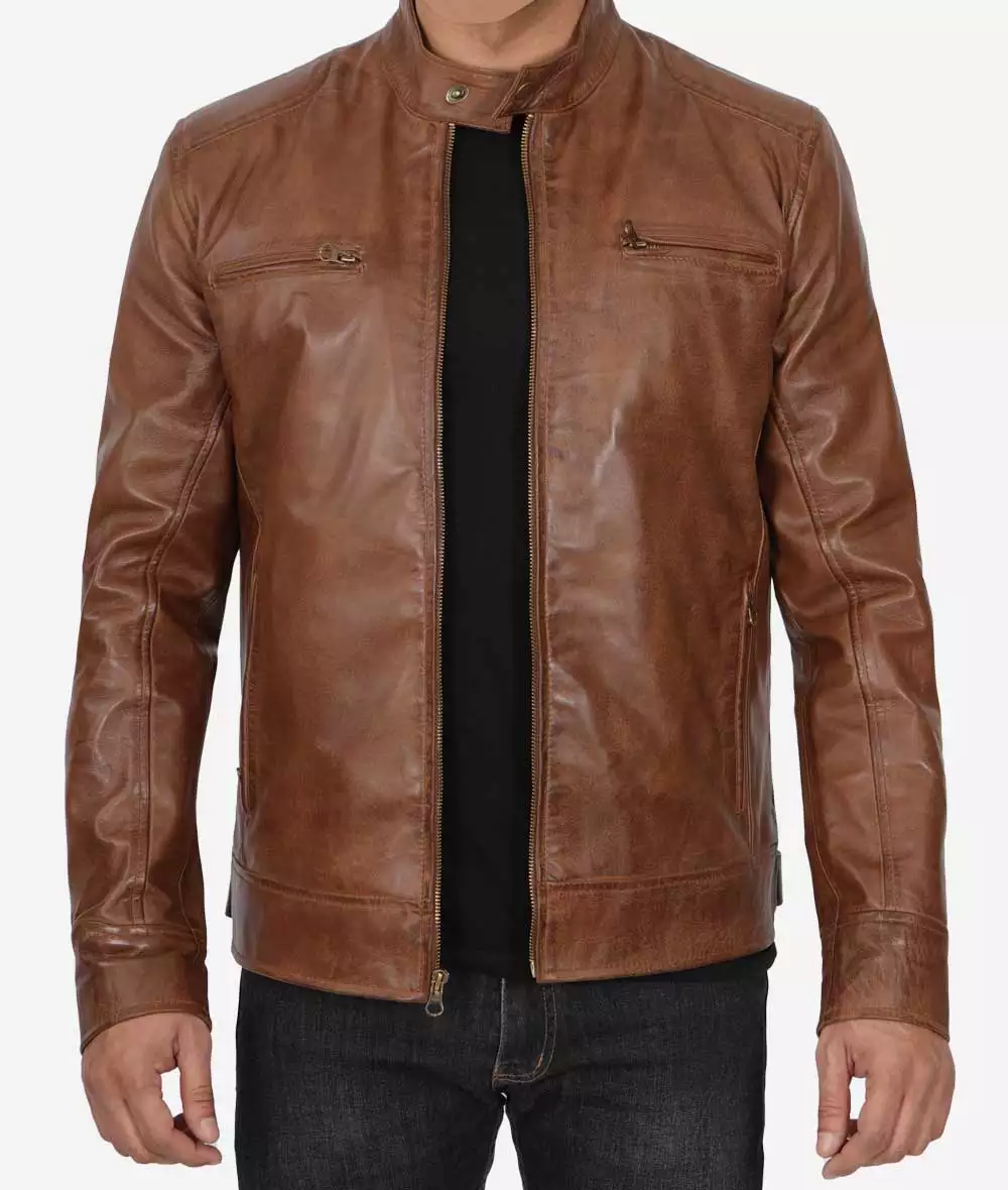 Dodge Men's Waxed Chocolate Brown Cafe Racer Motorcycle Leather Jacket