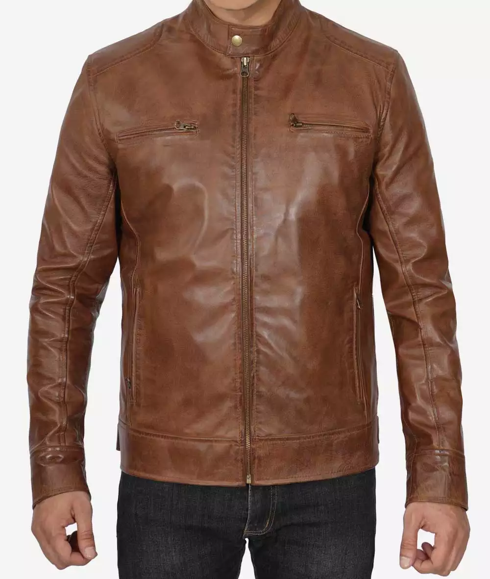 Dodge Men's Waxed Chocolate Brown Cafe Racer Motorcycle Leather Jacket