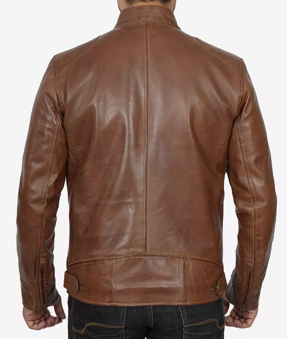 Dodge Men's Waxed Chocolate Brown Cafe Racer Motorcycle Leather Jacket