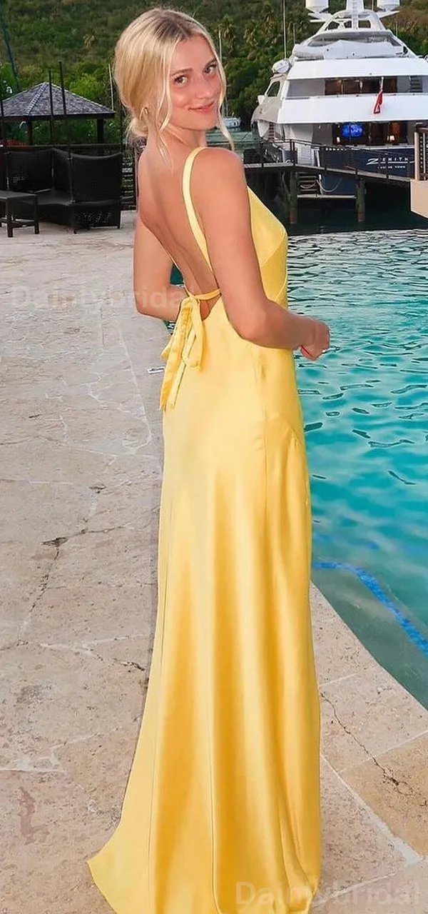 Elegant Spaghetti Straps V-neck Side Slit Column Satin Lemon Evening Prom Dress Online, OL085