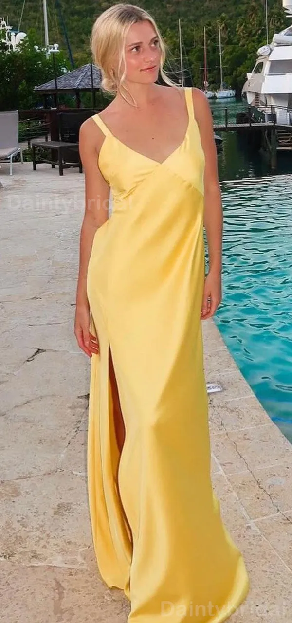 Elegant Spaghetti Straps V-neck Side Slit Column Satin Lemon Evening Prom Dress Online, OL085