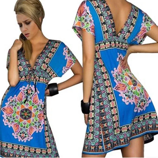 Fashion Women Deep V-Neck Dress Floral Print Short Sleeve Beach Boho Knee Length Sundress SM6