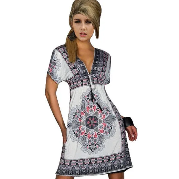 Fashion Women Deep V-Neck Dress Floral Print Short Sleeve Beach Boho Knee Length Sundress SM6