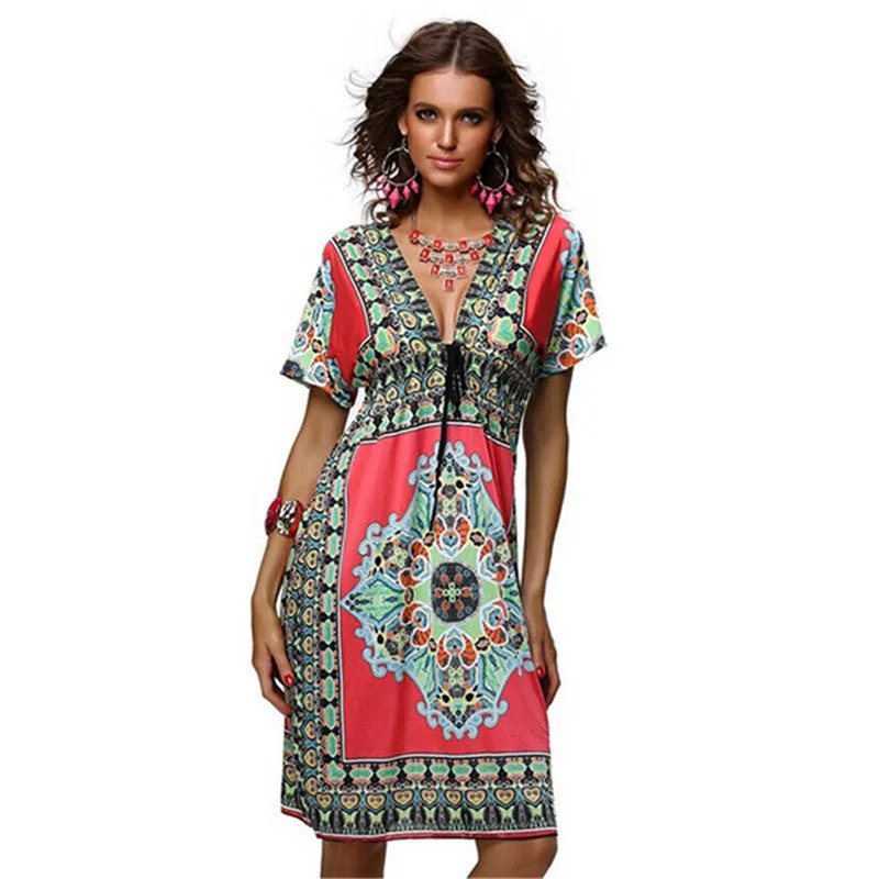 Fashion Women Deep V-Neck Dress Floral Print Short Sleeve Beach Boho Knee Length Sundress SM6