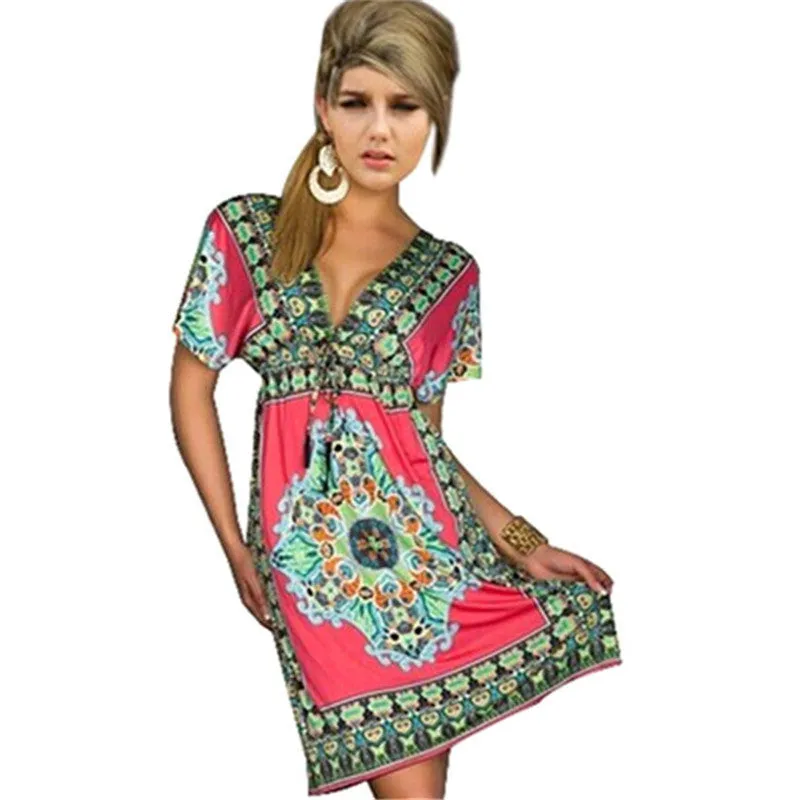 Fashion Women Deep V-Neck Dress Floral Print Short Sleeve Beach Boho Knee Length Sundress SM6