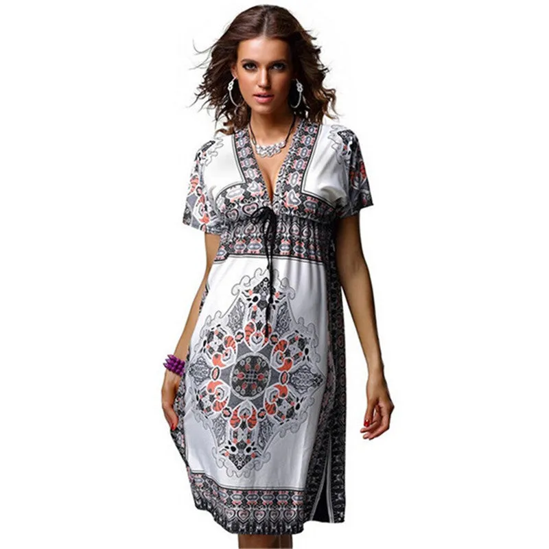 Fashion Women Deep V-Neck Dress Floral Print Short Sleeve Beach Boho Knee Length Sundress SM6