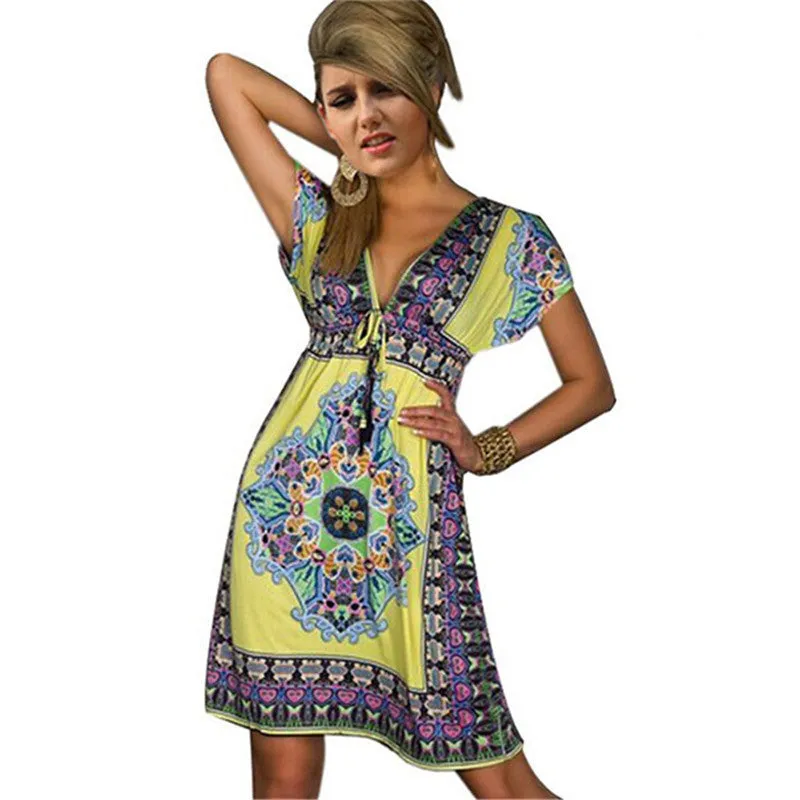 Fashion Women Deep V-Neck Dress Floral Print Short Sleeve Beach Boho Knee Length Sundress SM6