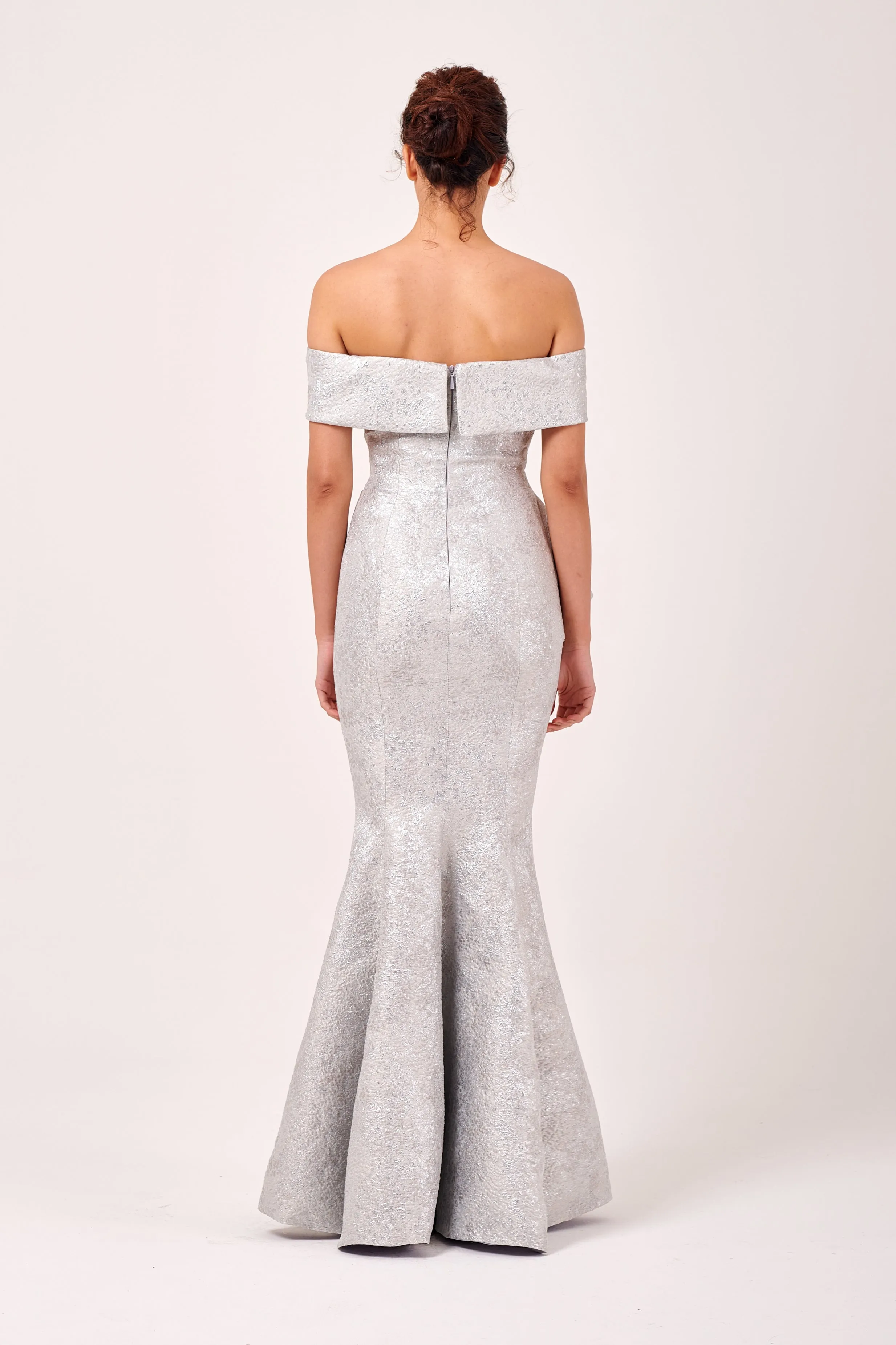 Folded Off The Shoulder with Side Layered Peplum Silk and Wool Long Dress