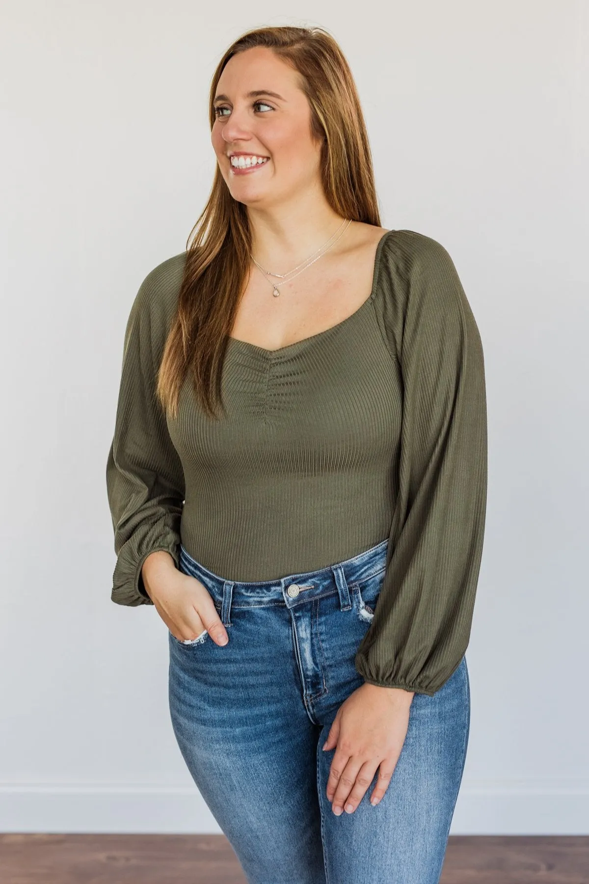 Full Hearts Long Sleeve Bodysuit- Olive