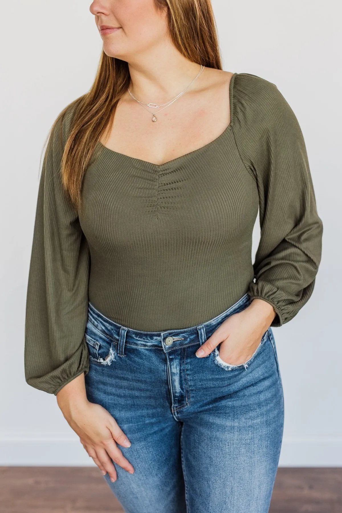 Full Hearts Long Sleeve Bodysuit- Olive