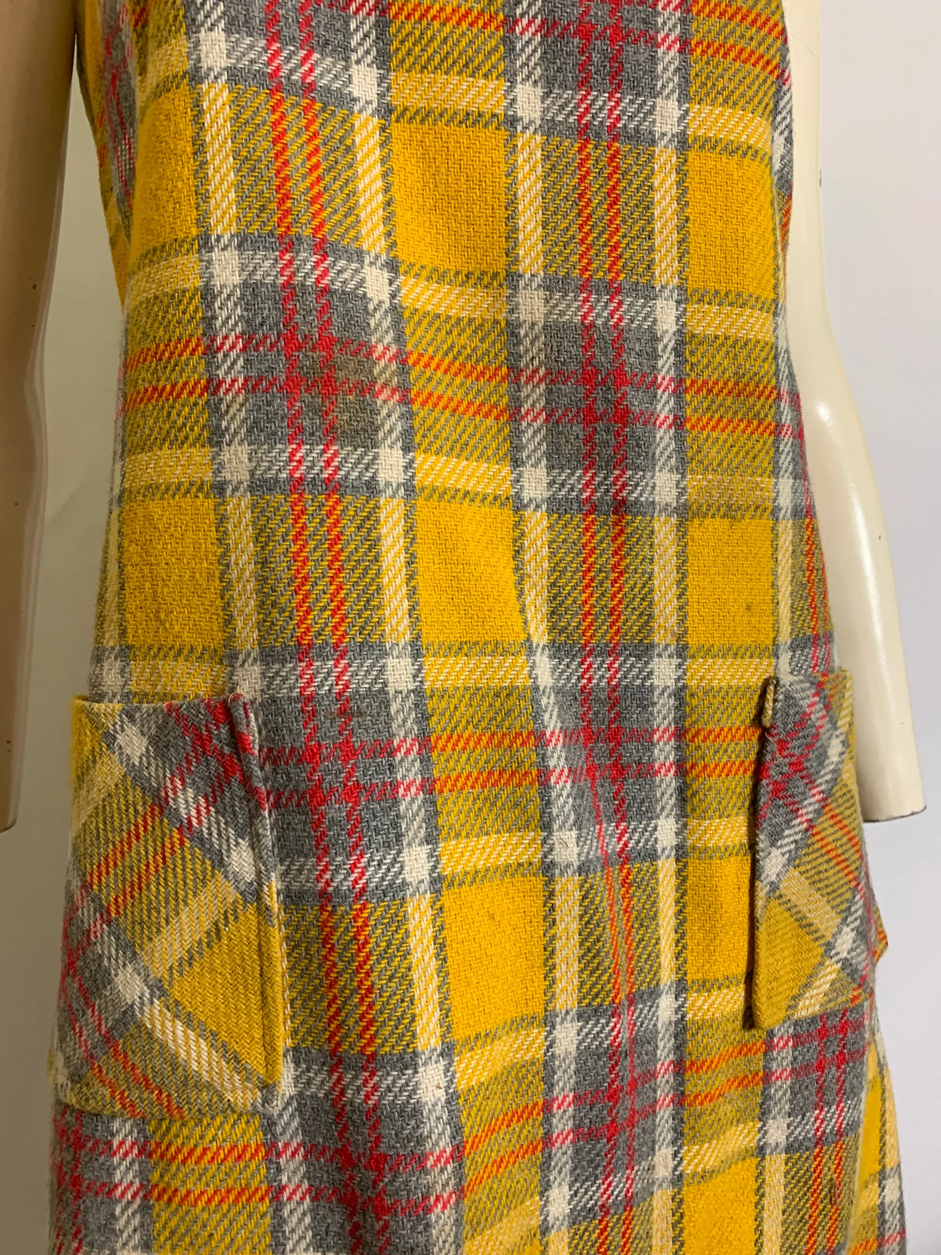 Goldenrod and Grey Plaid Wool Jumper Mini Dress circa 1970s