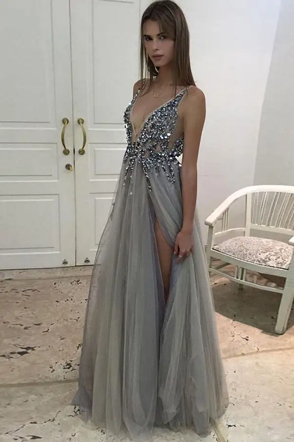 Gray A Line Floor Length Deep V Neck Sleeveless Side Slit Beading Long Prom Dresses