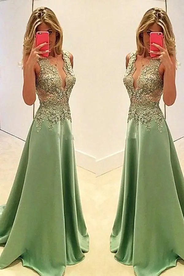 Green A Line Floor Length Deep V Neck Sleeveless Beading Prom Dresses