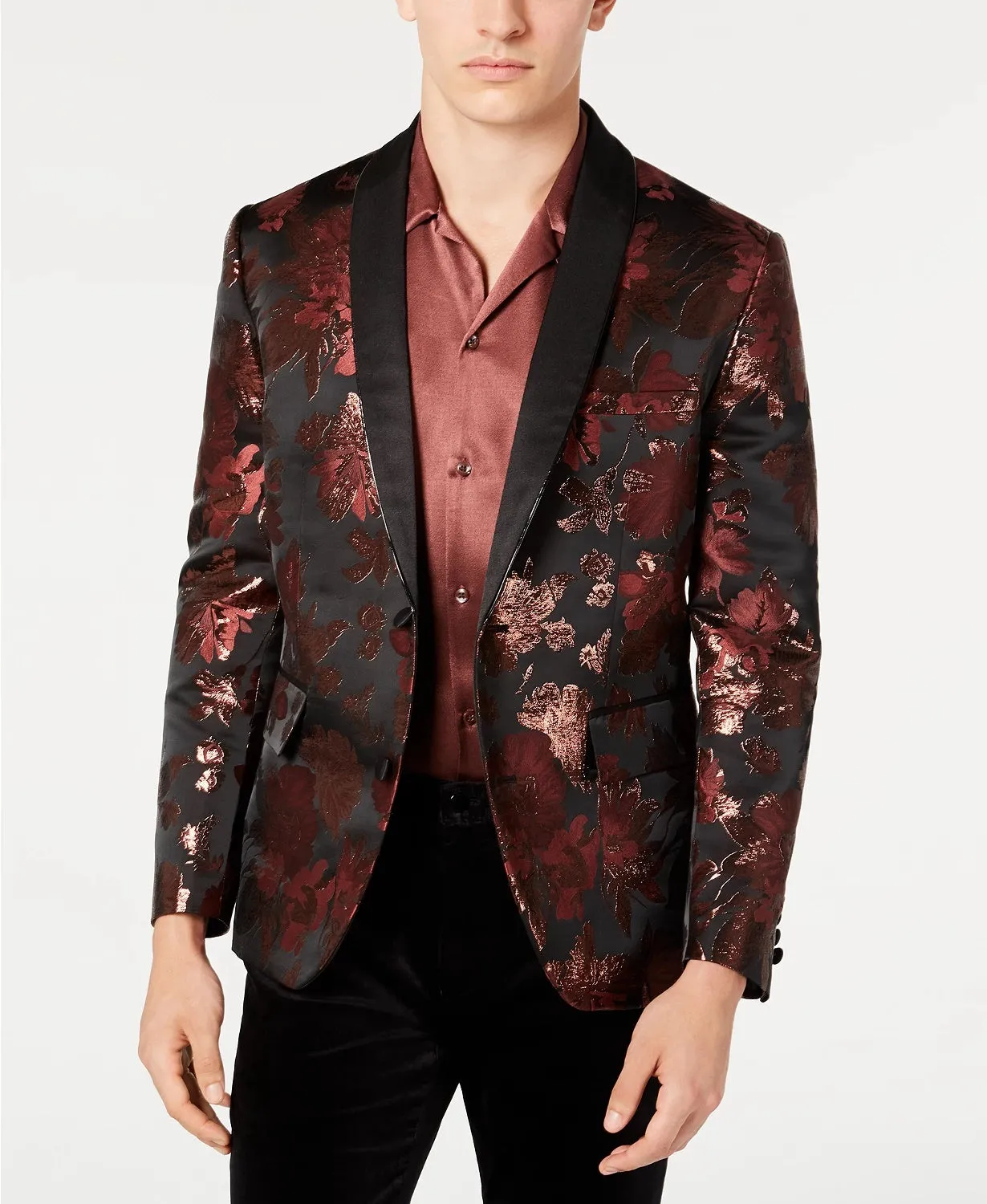 INC International Concepts Men's Slim-Fit Rust Jacquard Floral Blazer Brown Size Large