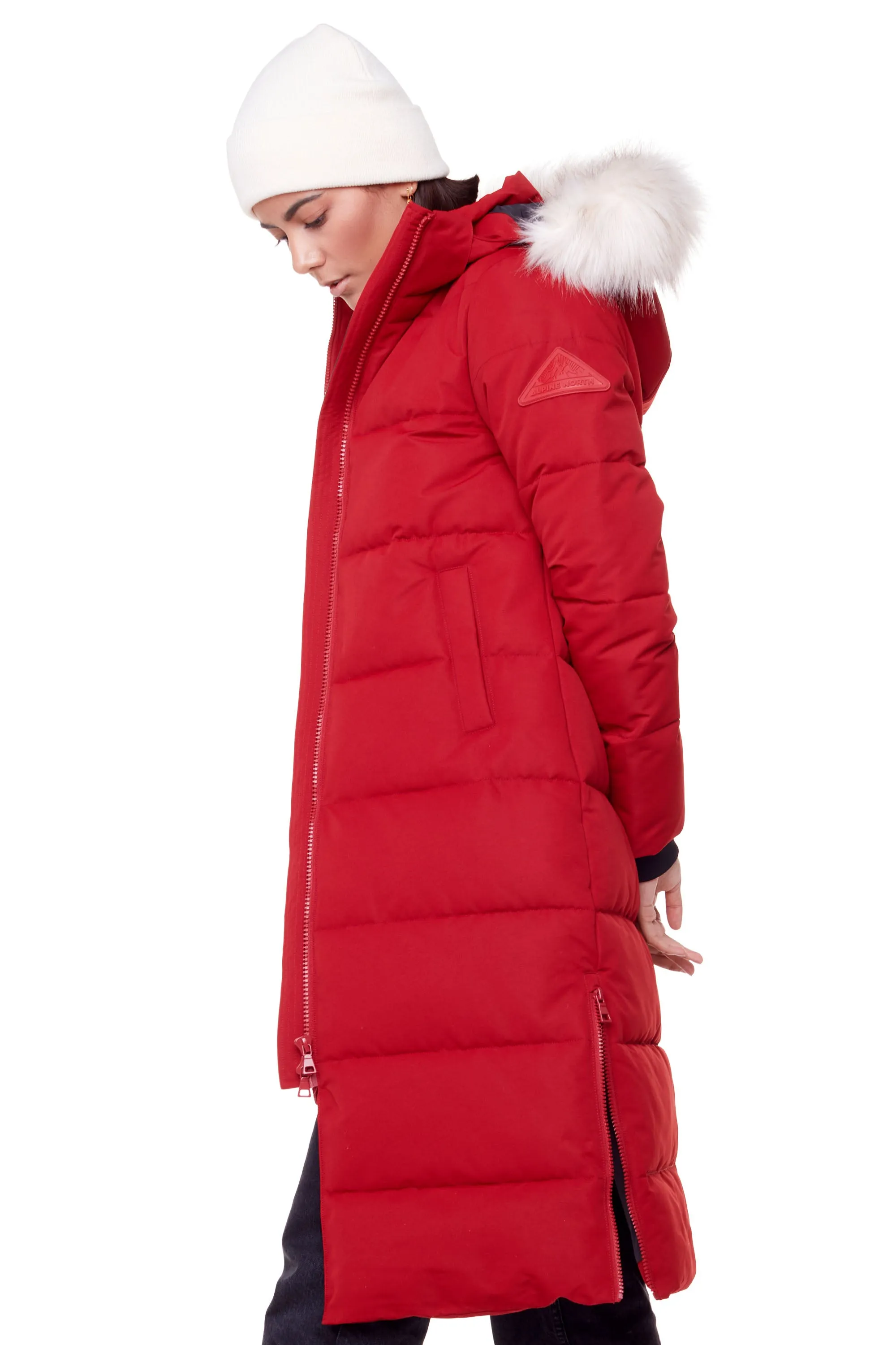 KLUANE | WOMEN'S VEGAN DOWN (RECYCLED) ULTRA LONG LENGTH PARKA, DEEP RED