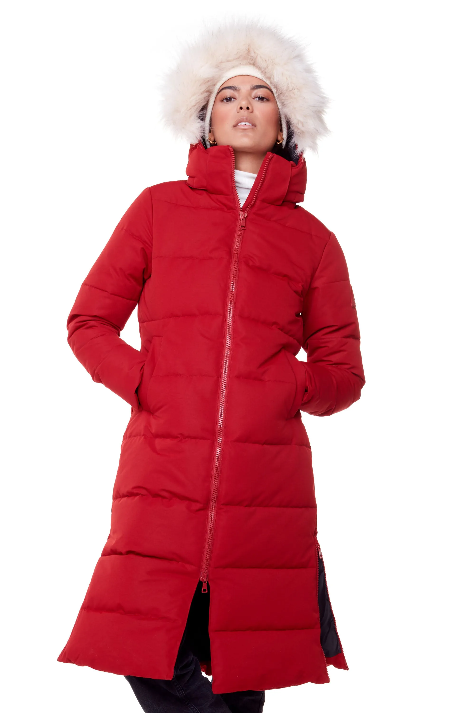 KLUANE | WOMEN'S VEGAN DOWN (RECYCLED) ULTRA LONG LENGTH PARKA, DEEP RED