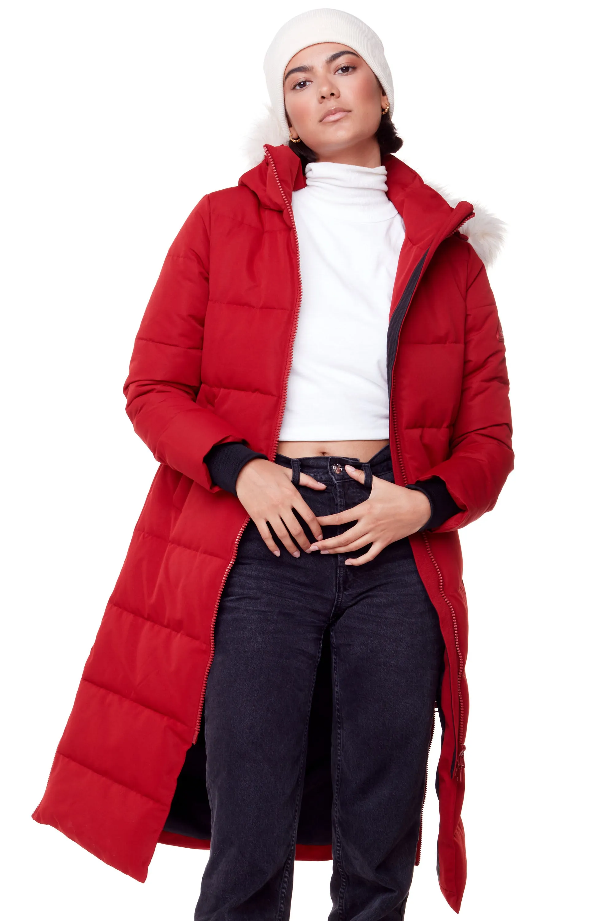 KLUANE | WOMEN'S VEGAN DOWN (RECYCLED) ULTRA LONG LENGTH PARKA, DEEP RED