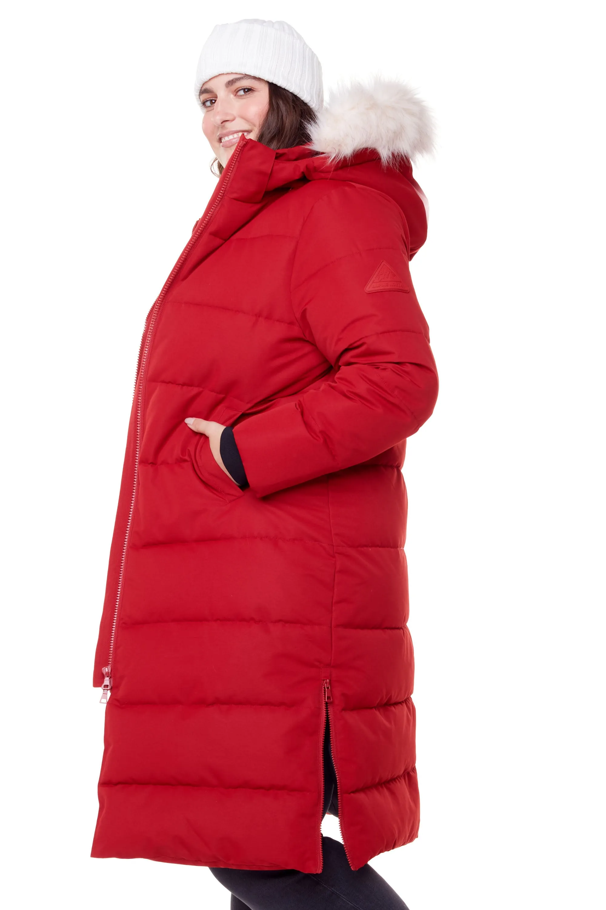 KLUANE PLUS | WOMEN'S VEGAN DOWN (RECYCLED) ULTRA LONG LENGTH PARKA, DEEP RED (PLUS SIZE)