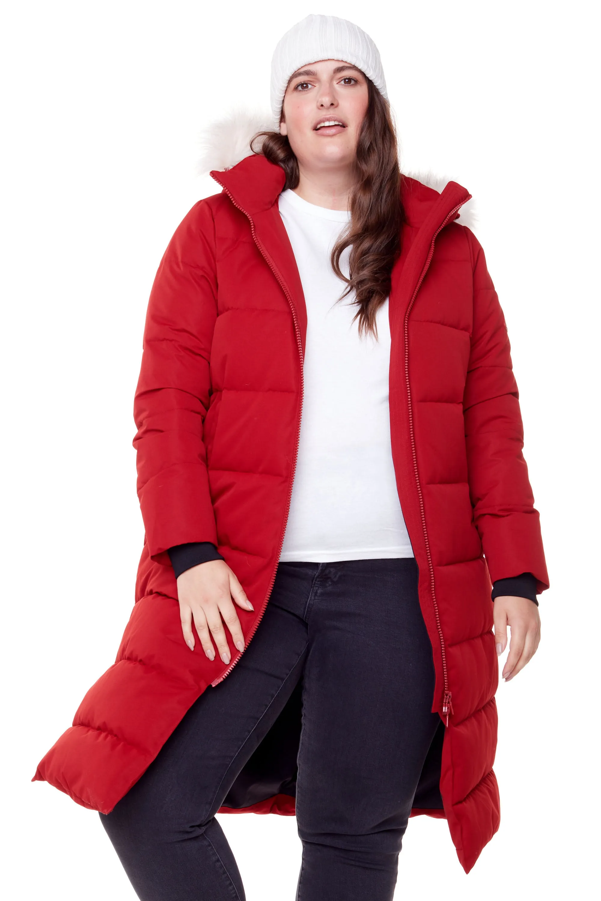 KLUANE PLUS | WOMEN'S VEGAN DOWN (RECYCLED) ULTRA LONG LENGTH PARKA, DEEP RED (PLUS SIZE)