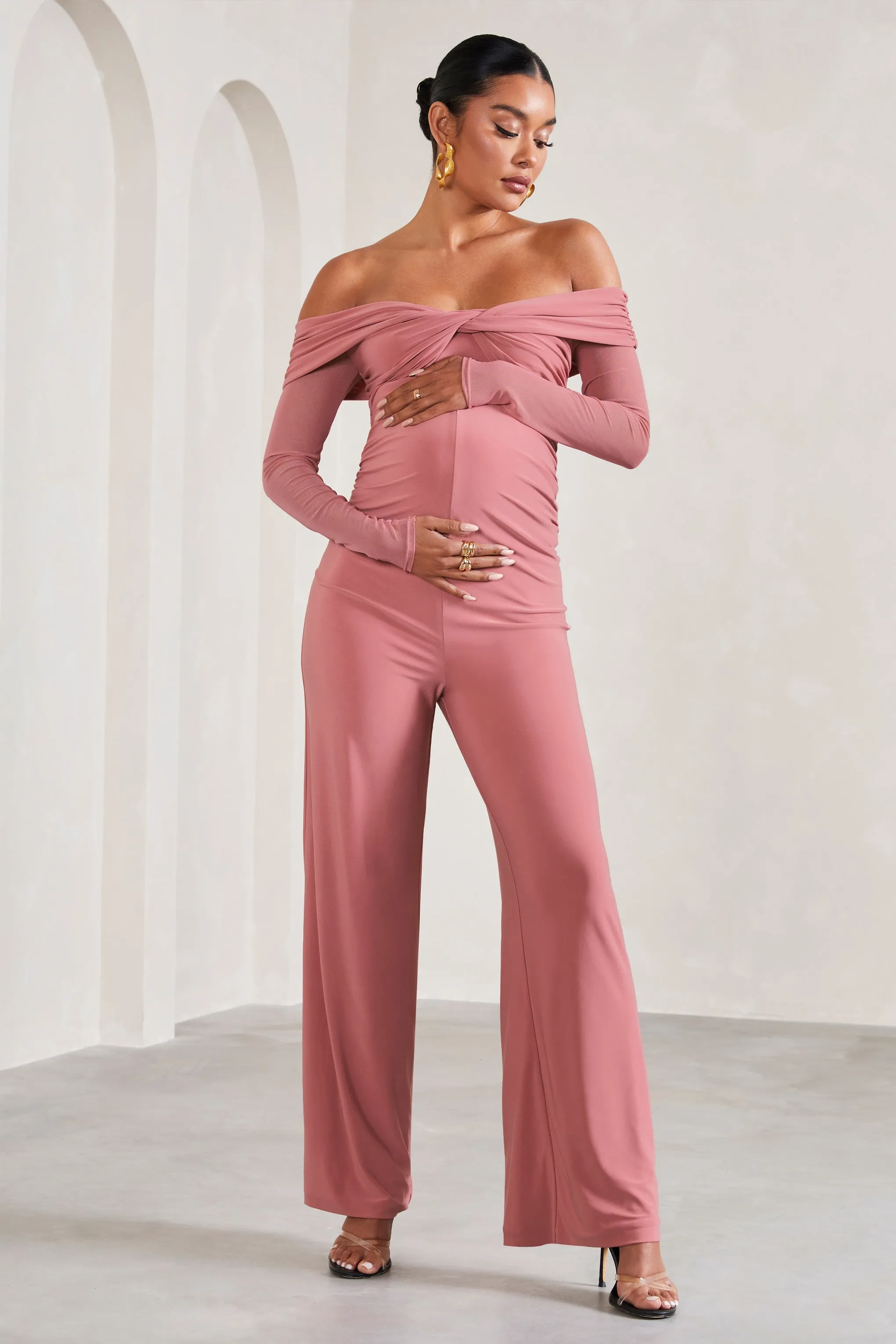 Kyla | Blush Pink Ruched Bardot Long-Sleeved Wide-Leg Maternity Jumpsuit