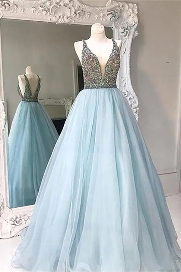 Light Blue A Line Floor Length Deep V Neck Backless Beading Tulle Prom Dresses