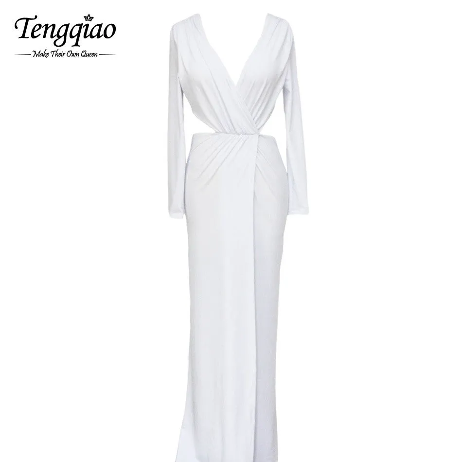 Long Sleeve Maxi Dress Deep V-Neck Floor Length Long White Dress Open Side Split Long Maxi Dress Long Sleeve SM6