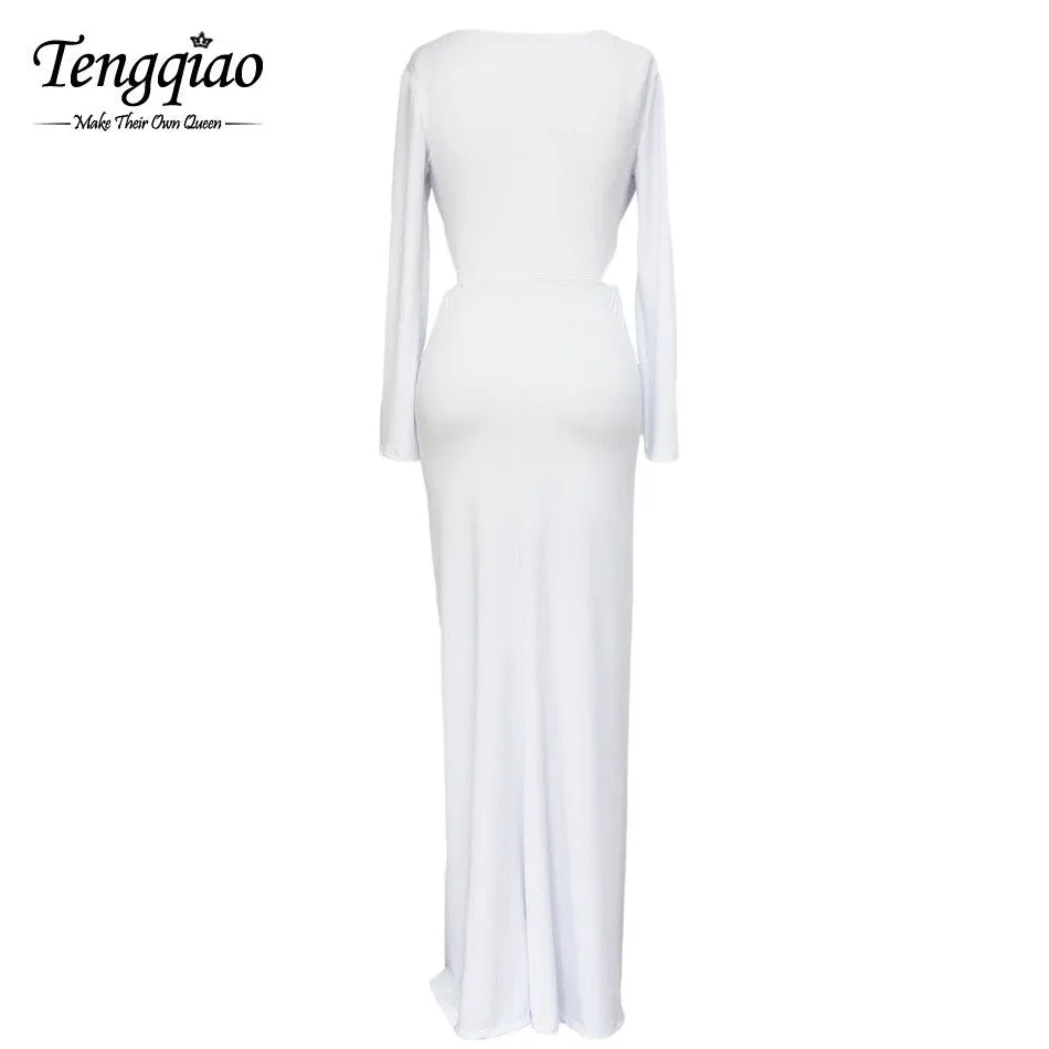 Long Sleeve Maxi Dress Deep V-Neck Floor Length Long White Dress Open Side Split Long Maxi Dress Long Sleeve SM6