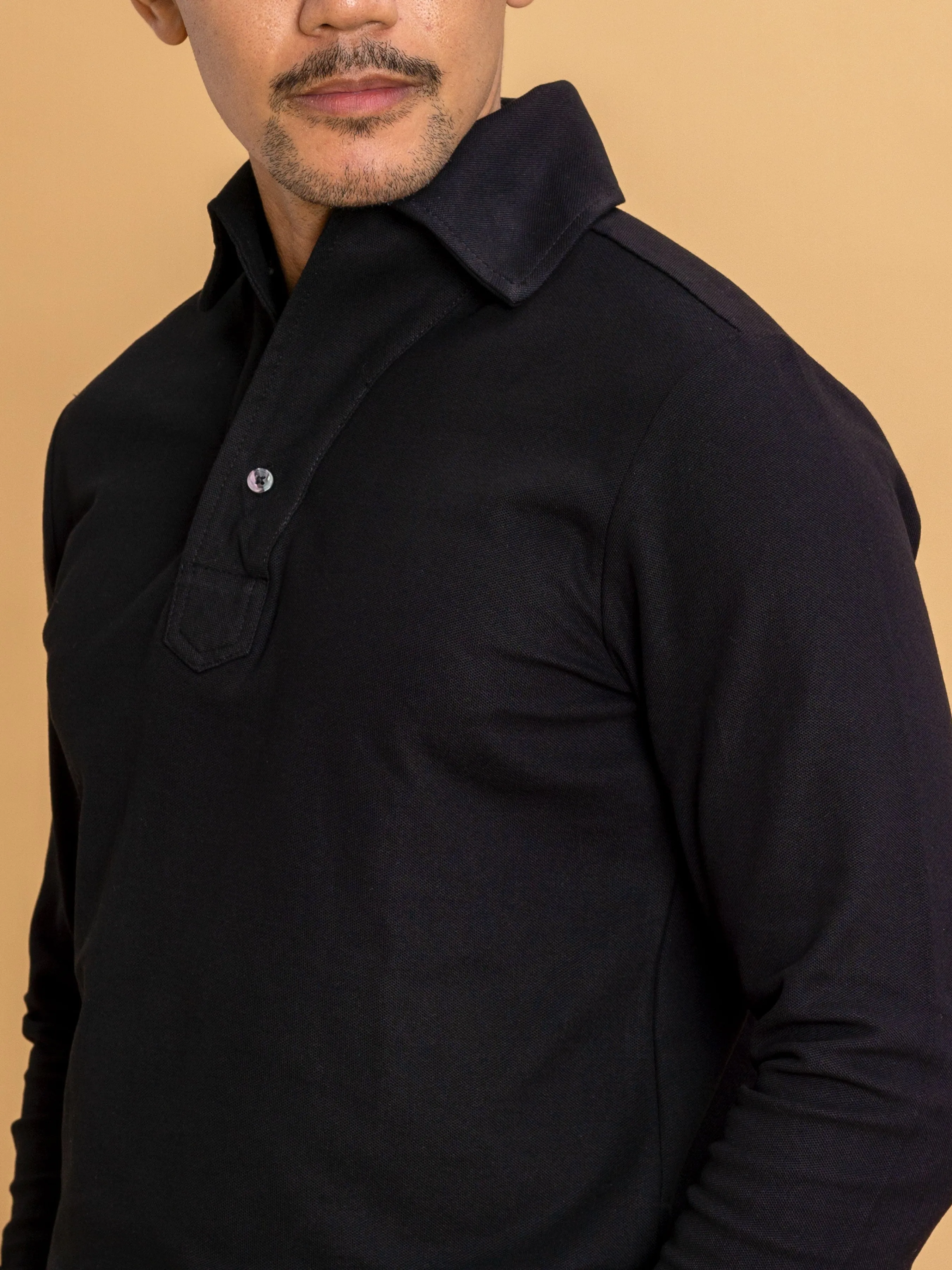 Long Sleeve Polo Shirt - Black One-Piece Collar Single Button