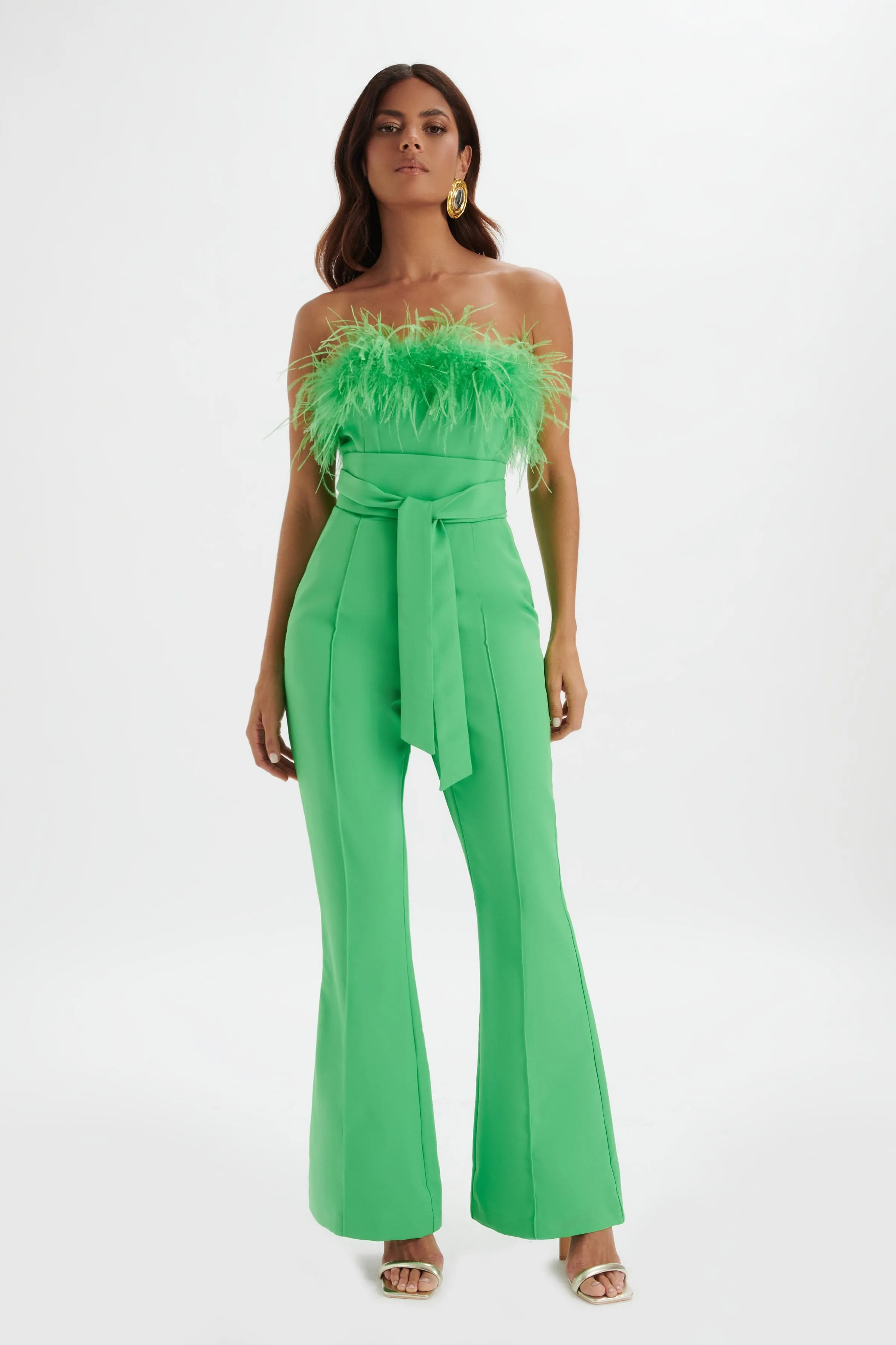 LUCINDA Feather Bandeau Fit And Flare Jumpsuit In Apple Green