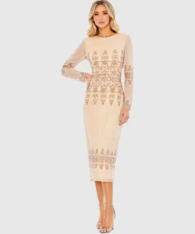 Mac Duggal Embellished Long Sleeve High Neck Column Dress In Peach