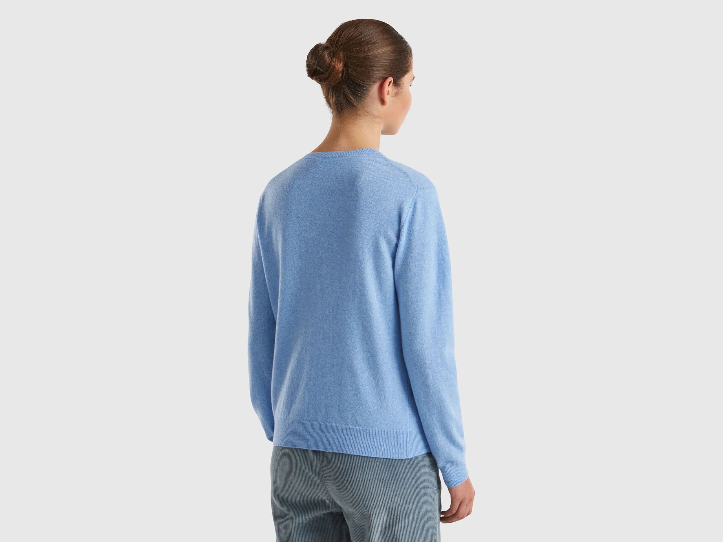 Marl sky blue crew neck cardigan in pure Merino wool - Light Blue | Benetton