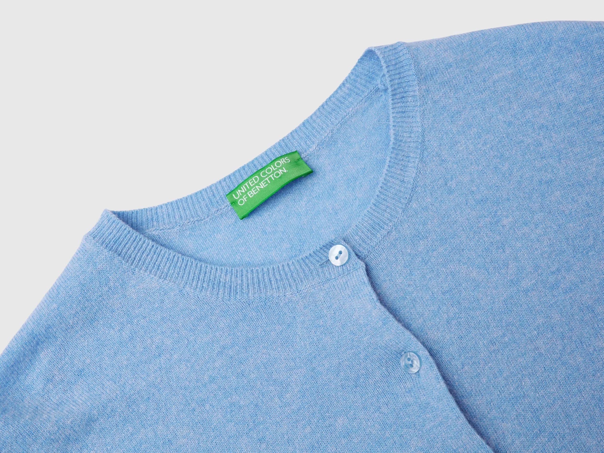 Marl sky blue crew neck cardigan in pure Merino wool - Light Blue | Benetton