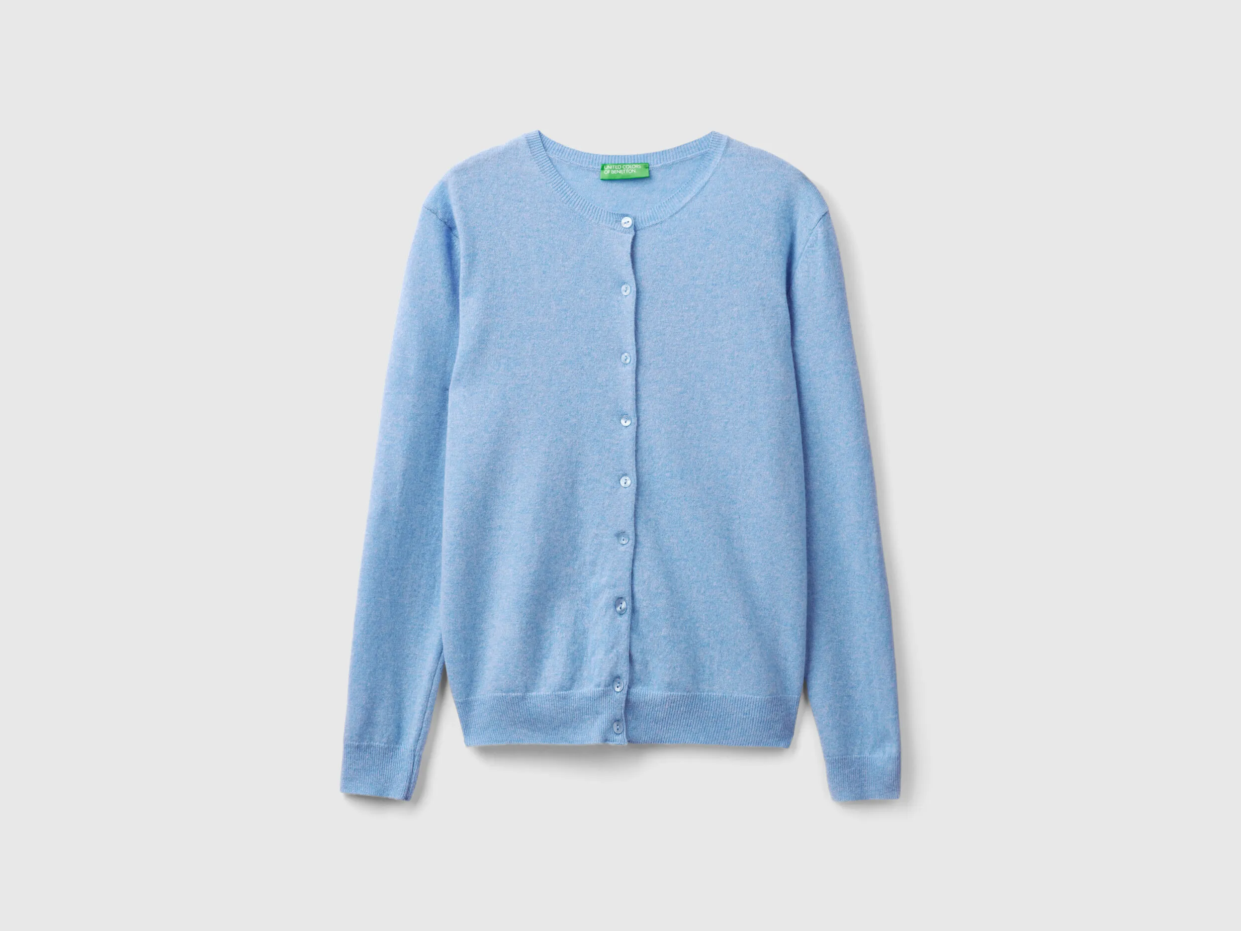 Marl sky blue crew neck cardigan in pure Merino wool - Light Blue | Benetton